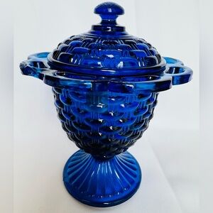 Vintage Cobalt Blue Imperial Glass Lidded Candy Dish